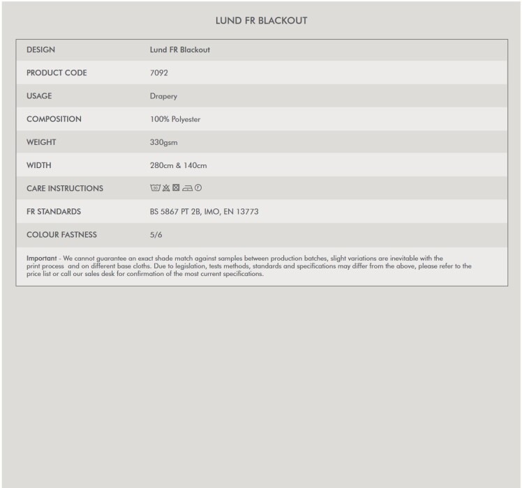 Lund Blackout Fire Retardant Curtains Tech Spec
