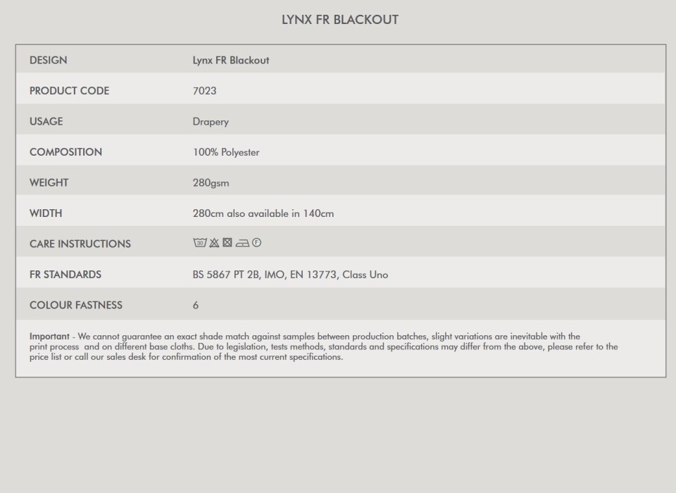 Lynx Blackout Fire Retardant Curtains Tech Spec