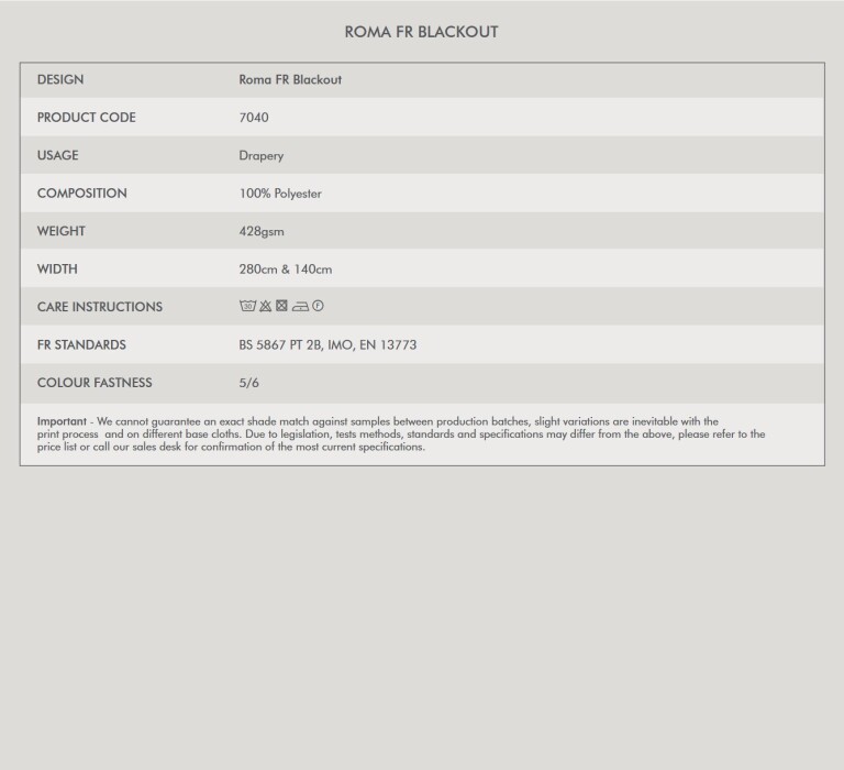 Roma Blackout Fire Retardant Curtains Tech Spec