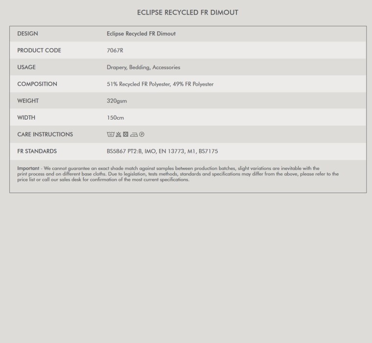 Eclipse Recycled Dimout Fire Retardant Curtains Tech Spec