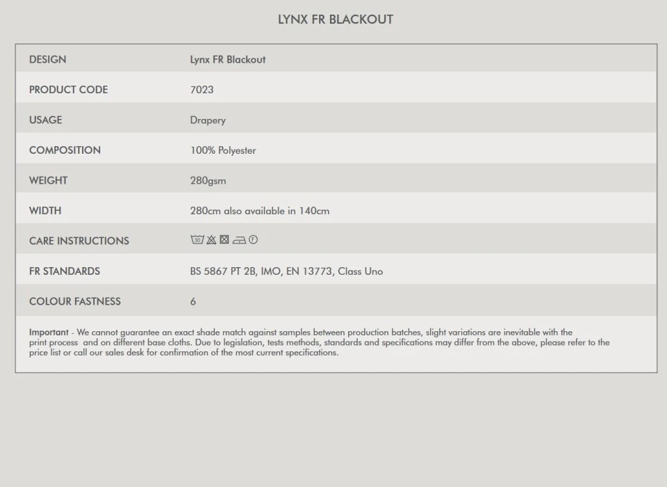 Lynx Blackout Contract Fabric Information